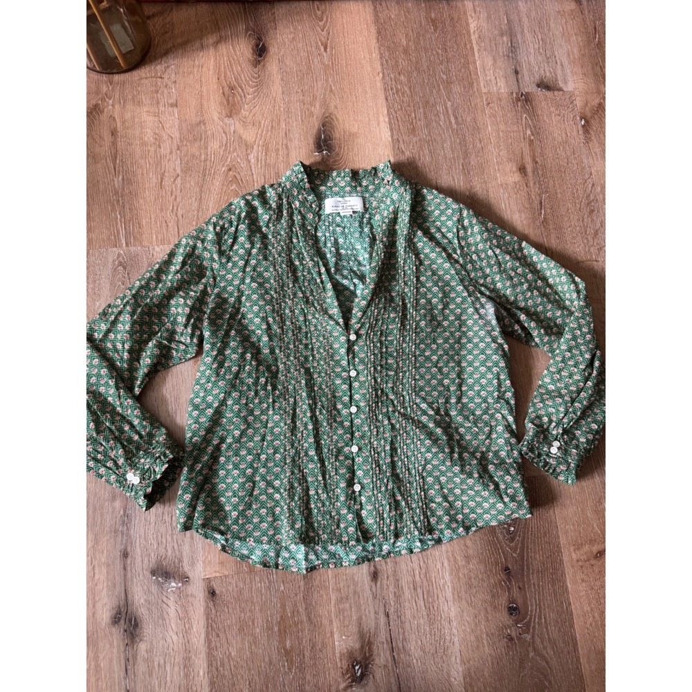 Trovata Birds of Paradis Green Geometric Floral Pintuck Cotton Blouse Size M